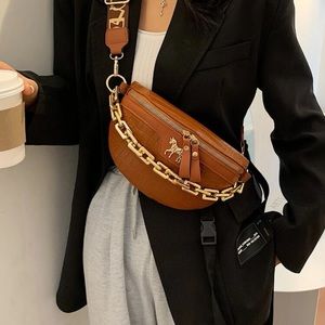 Gold chain vegan leather croc embossed fanny pack bum bag brown minimalist